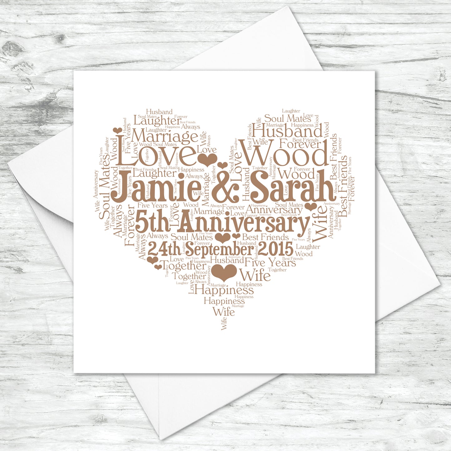 Personalised 5th Anniversary Heart Word Art Card