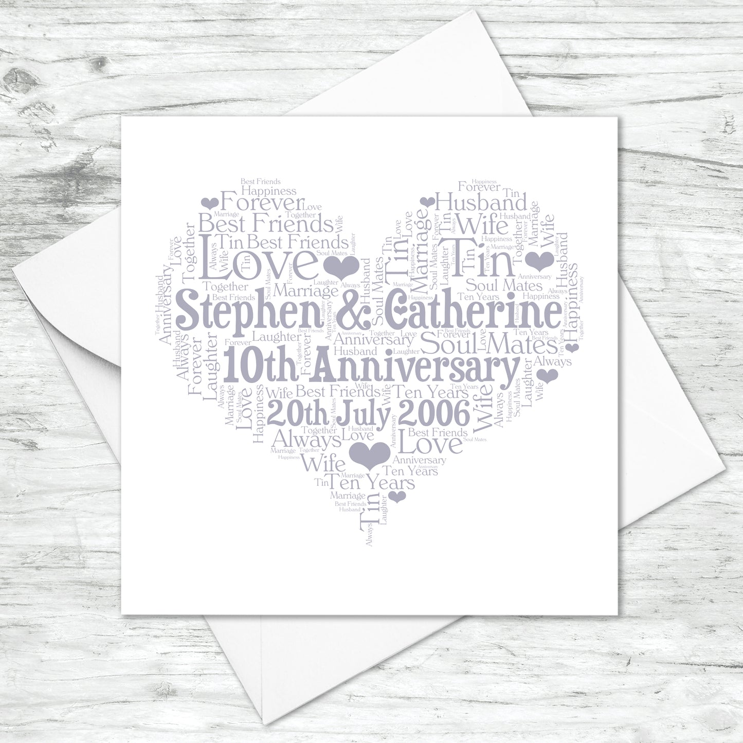 Personalised 10th Anniversary Heart Word Art Card