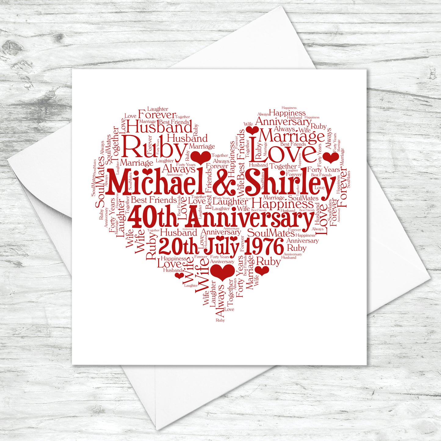 Personalised 40th Anniversary Heart Word Art Card