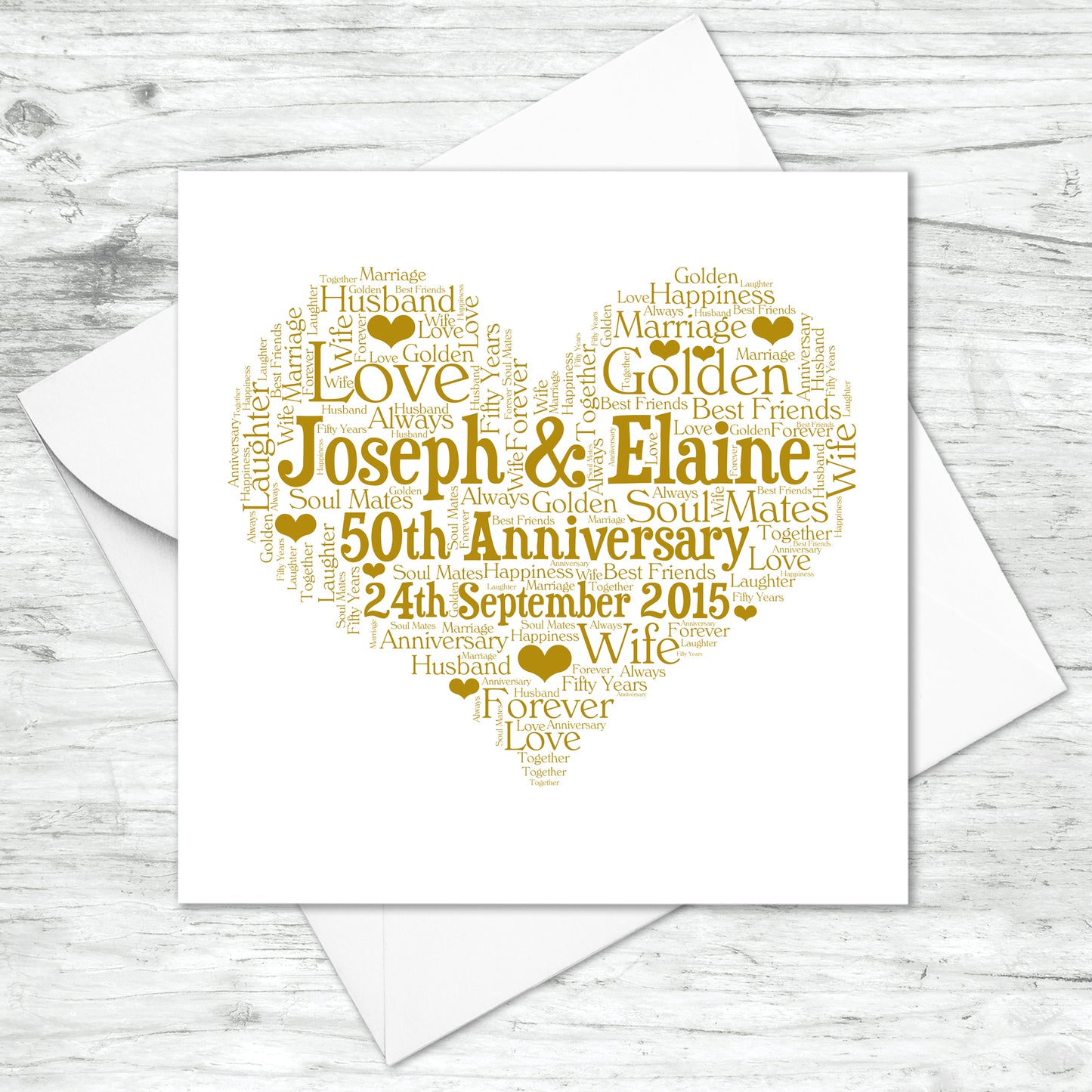 Personalised 50th Anniversary Heart Word Art Card