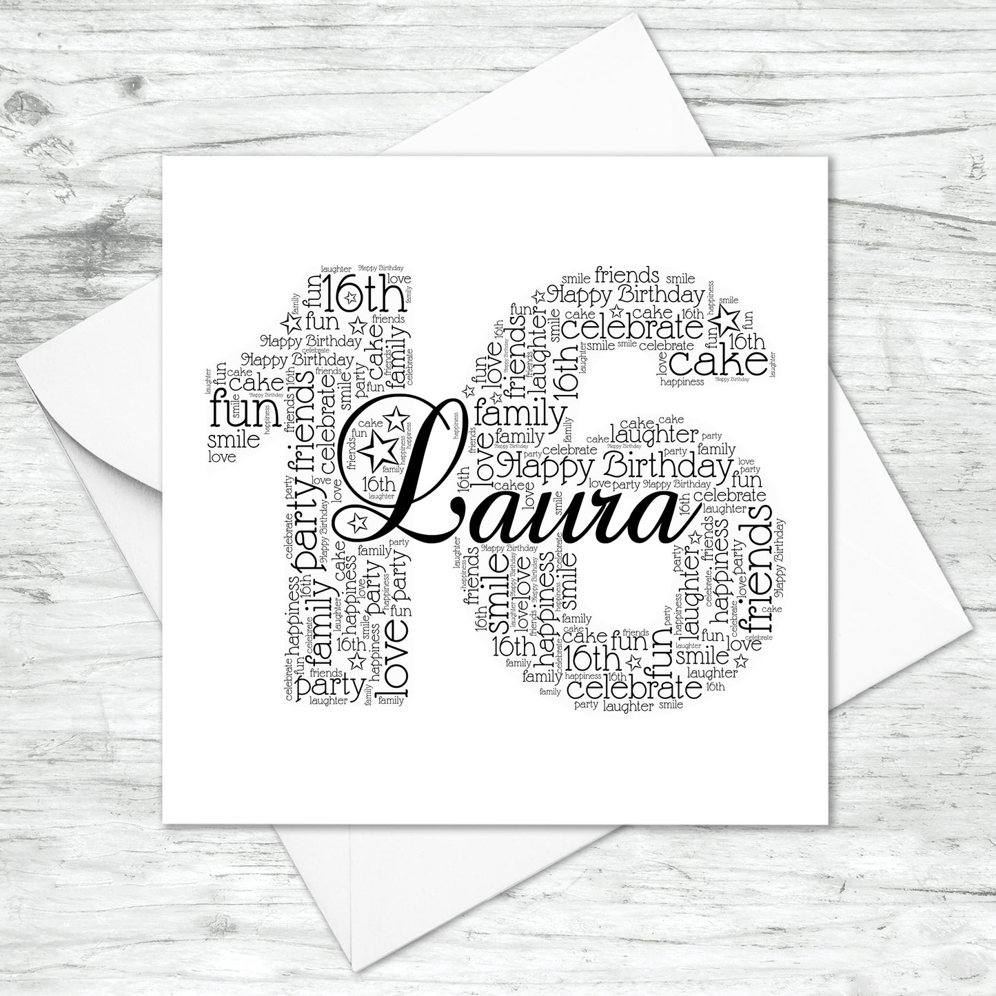 Personalised 16th Name Number Word Art Card