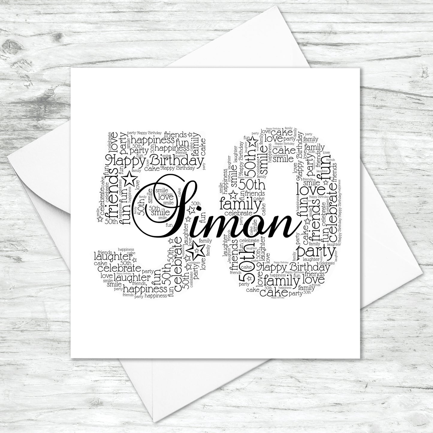 Personalised 50th Name Number Word Art Card