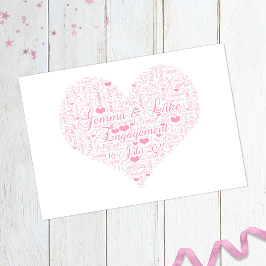 Personalised Engagement Heart Word Art Print