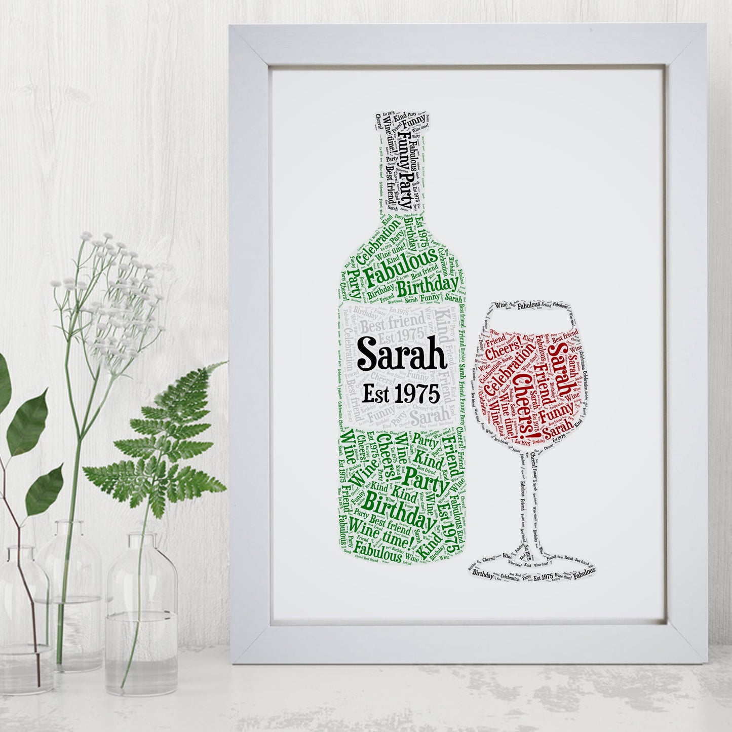 Personalised Wine Lovers Bottle Glass Typography Word Art Gift, Print & Framed