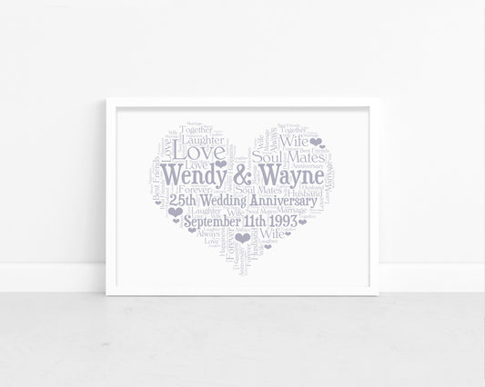 Personalised Anniversary Heart Word Art Print