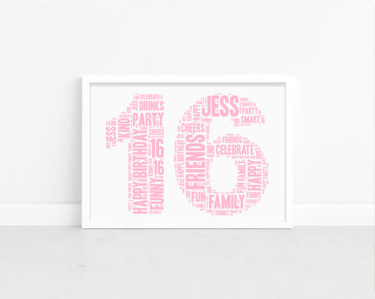 Personalised 16th Birthday Word Art Print