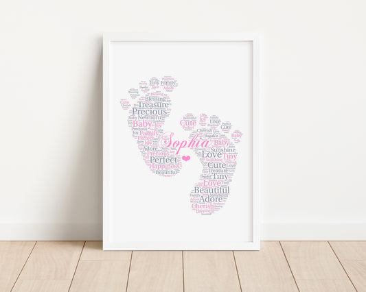 Personalised New Baby Girl Boy Footprints Word Art Print
