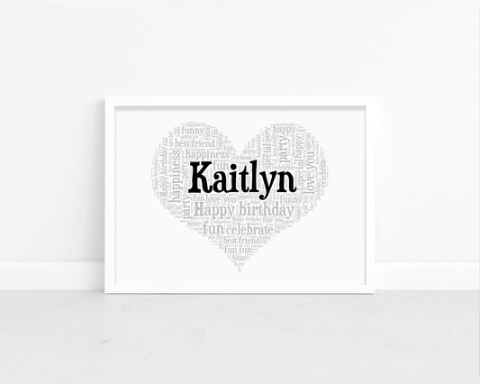 Personalised Name Heart Birthday Word Art Print