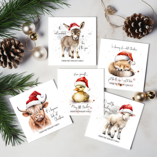 Multi Pack of Watercolour Animals In Santa Hats Christmas Cards