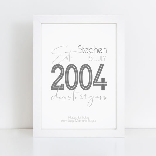 Personalised 21st Birthday Year Print