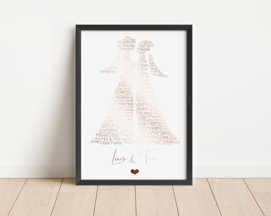 Personalised Mrs & Mrs Same Gender Couple Wedding Word Art Real Foil Print