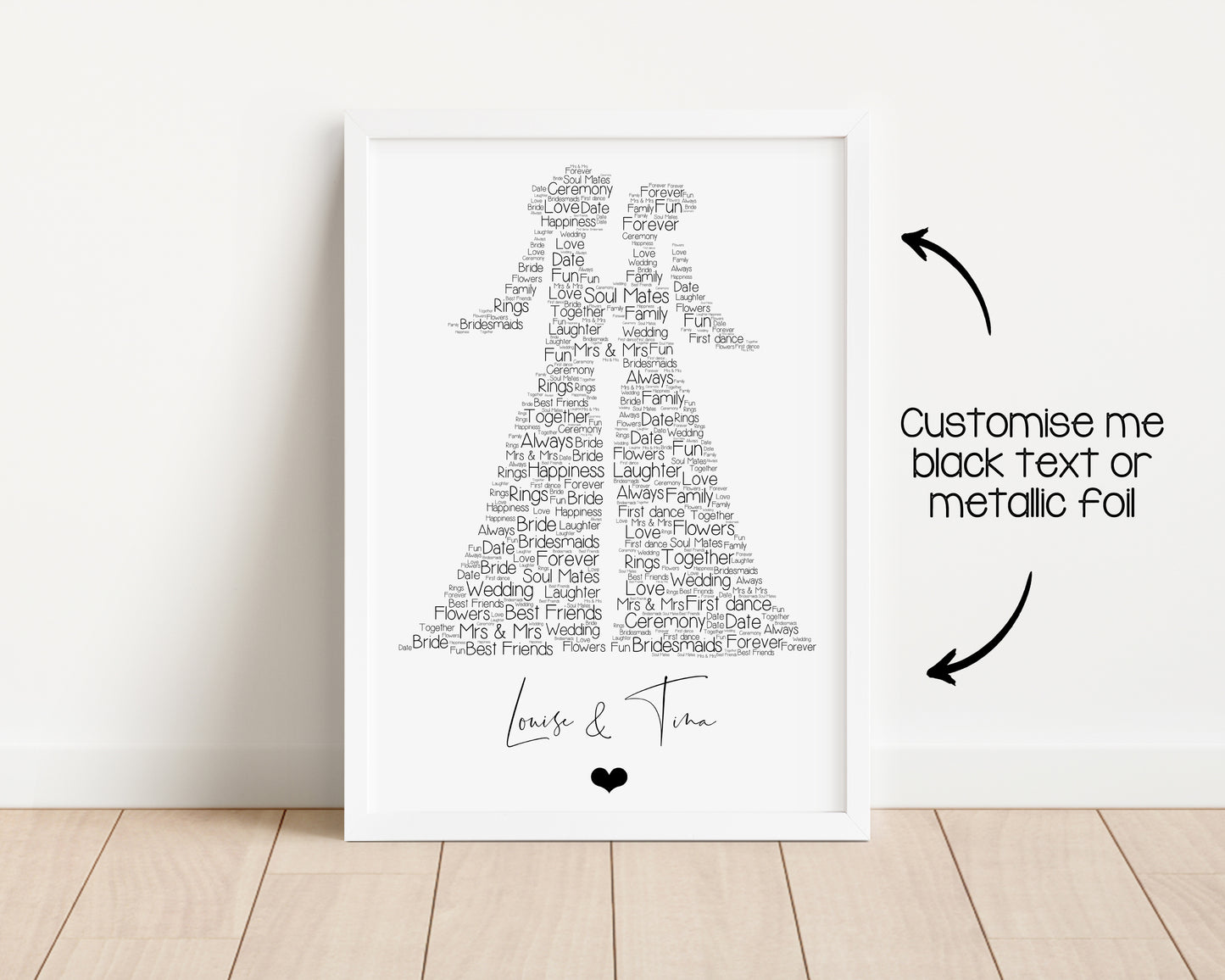 Personalised Mrs & Mrs Same Gender Couple Wedding Word Art Real Foil Print