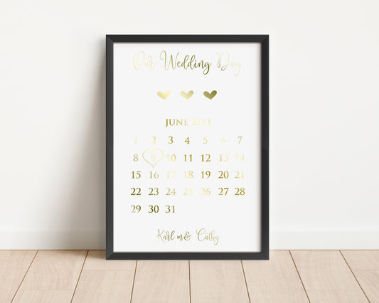 Personalised Foil Metallic Our Wedding Date Calendar Print