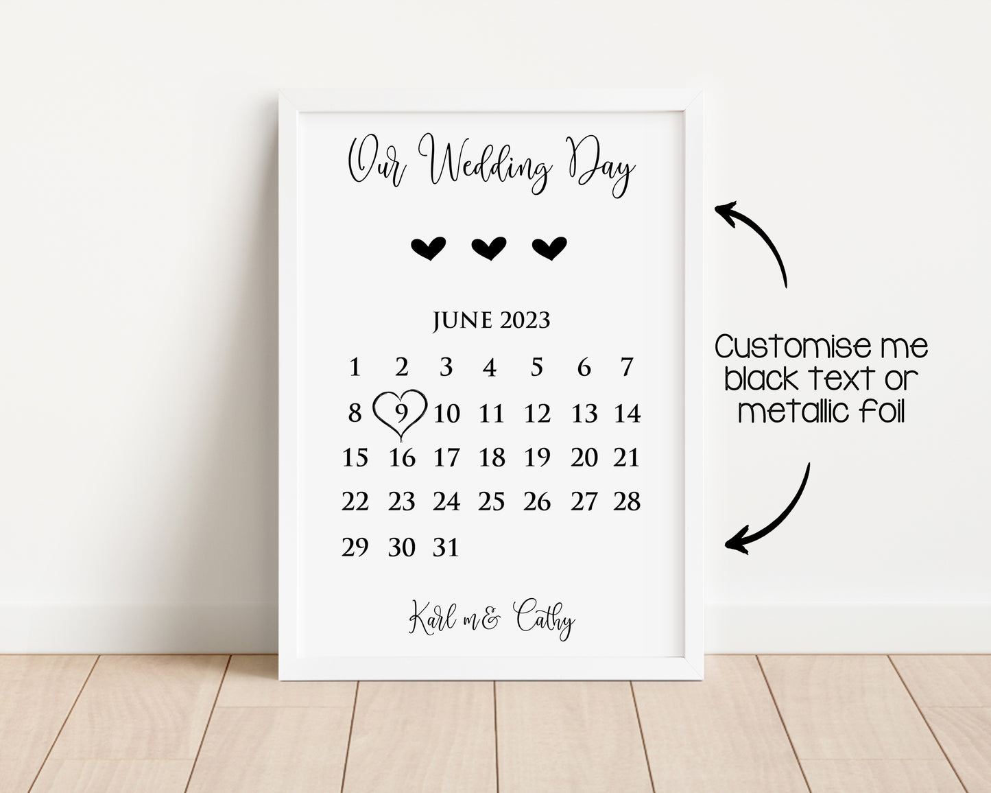 Personalised Foil Metallic Our Wedding Date Calendar Print