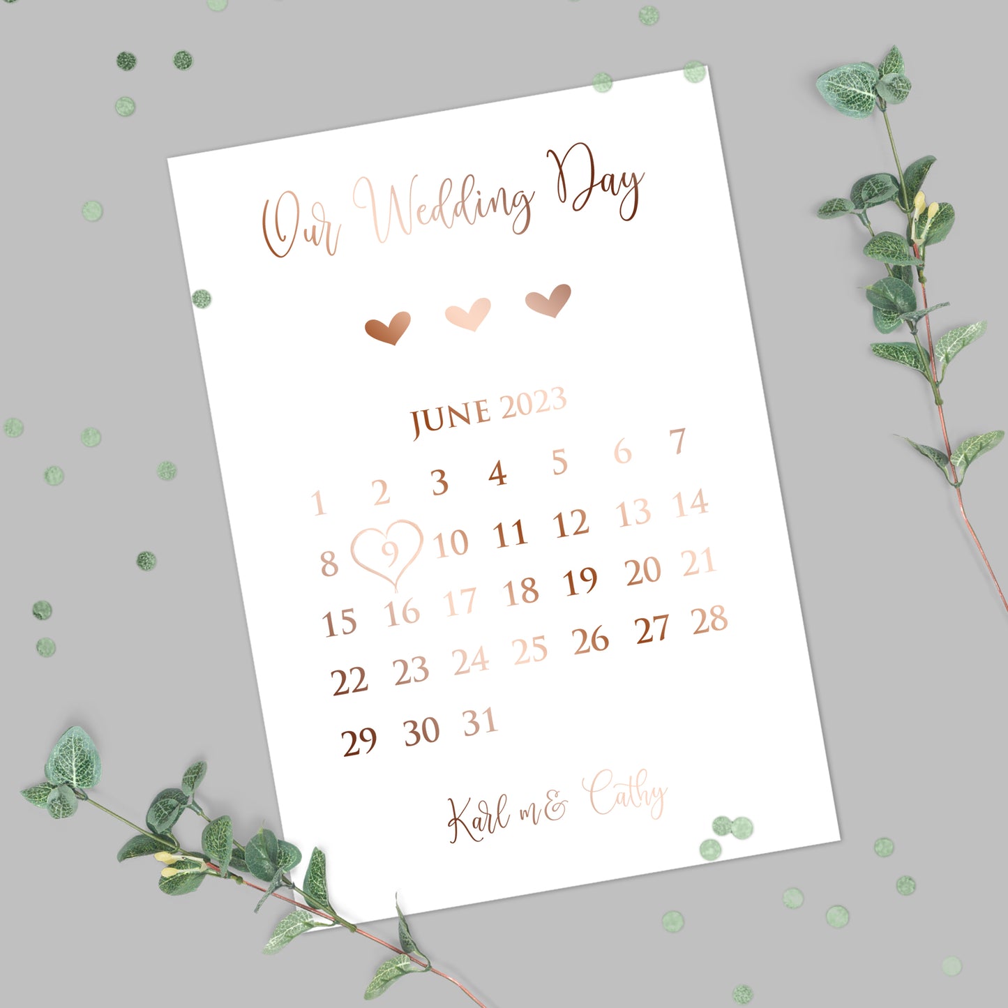 Personalised Foil Metallic Our Wedding Date Calendar Print