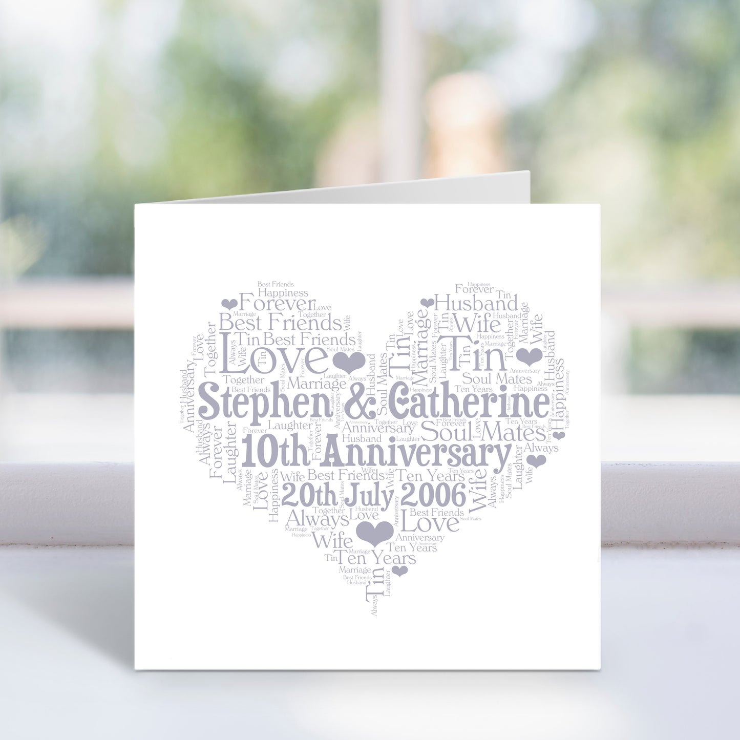 Personalised 10th Anniversary Heart Word Art Card