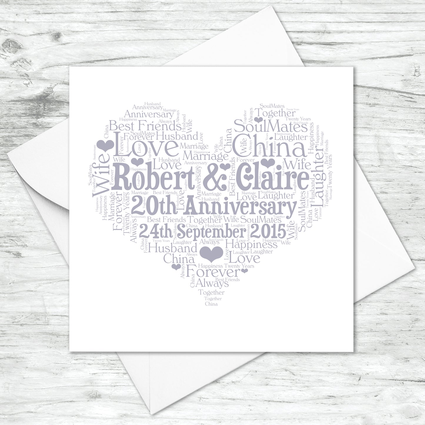 Personalised 20th Anniversary Heart Word Art Card