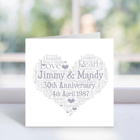 Personalised 30th Anniversary Heart Word Art Card
