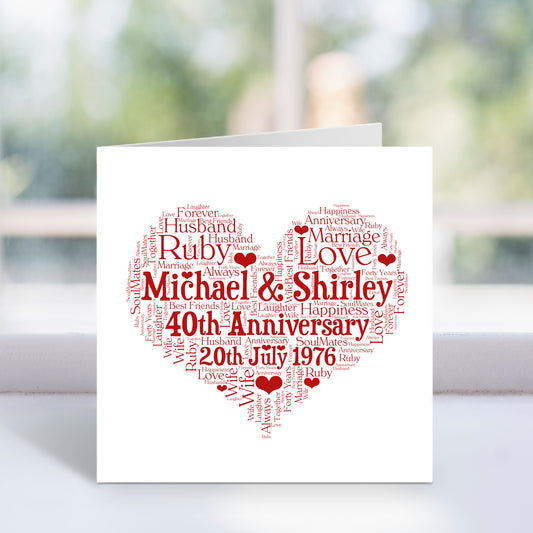 Personalised 40th Anniversary Heart Word Art Card