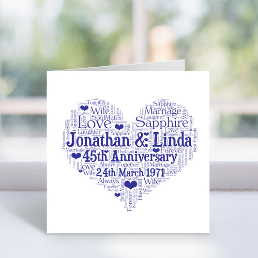 Personalised 45th Anniversary Heart Word Art Card