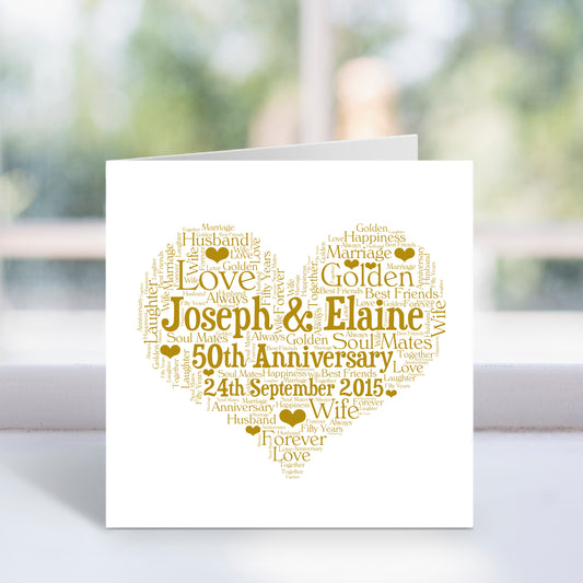 Personalised 50th Anniversary Heart Word Art Card