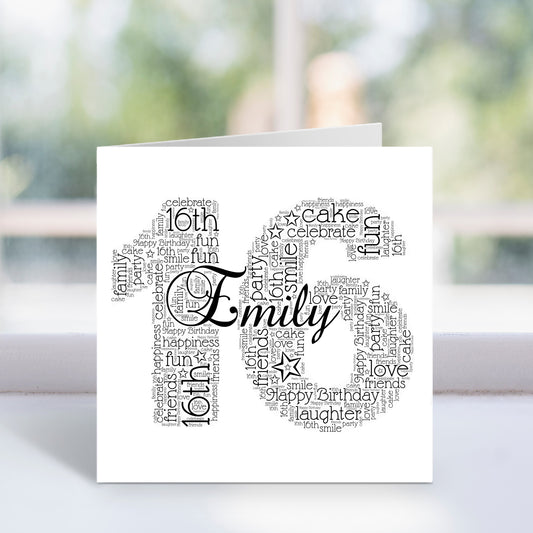 Personalised 16th Name Number Word Art Card