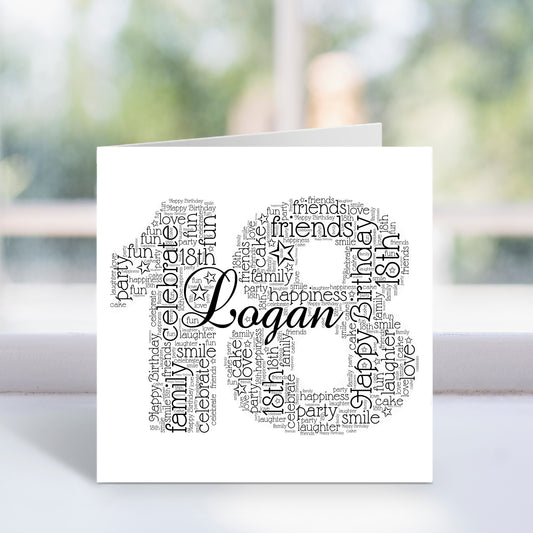 Personalised 18th Name Number Word Art Card