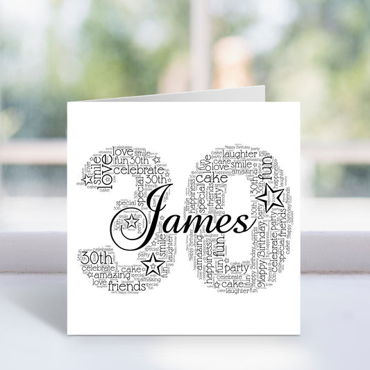 Personalised 30th Name Number Word Art Card