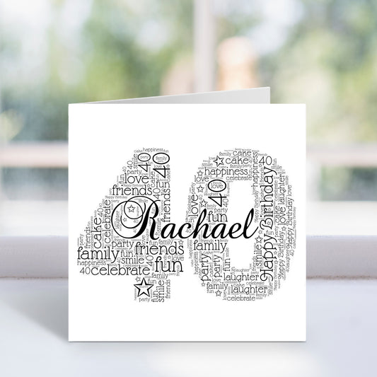 Personalised 40th Name Number Word Art Card