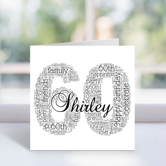 Personalised 60th Name Number Word Art Card