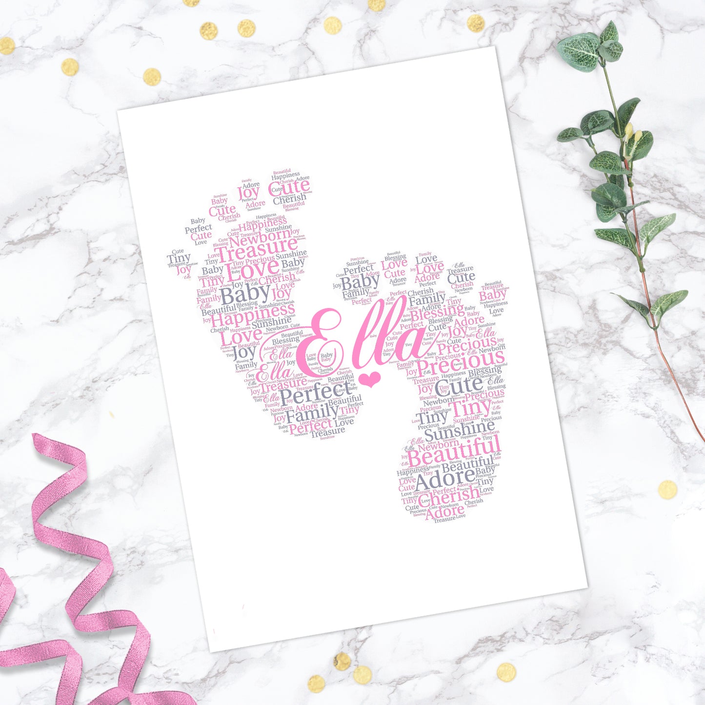 Personalised New Baby Girl Boy Footprints Word Art Print