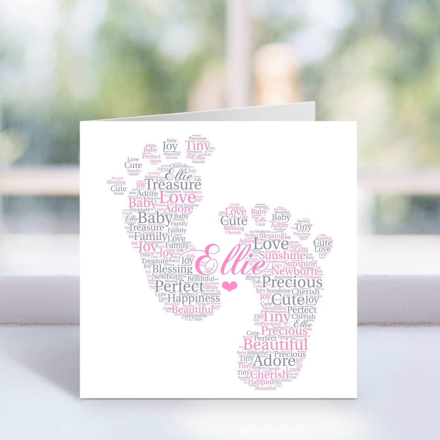Personalised New Baby Girl Footprints Word Art Card