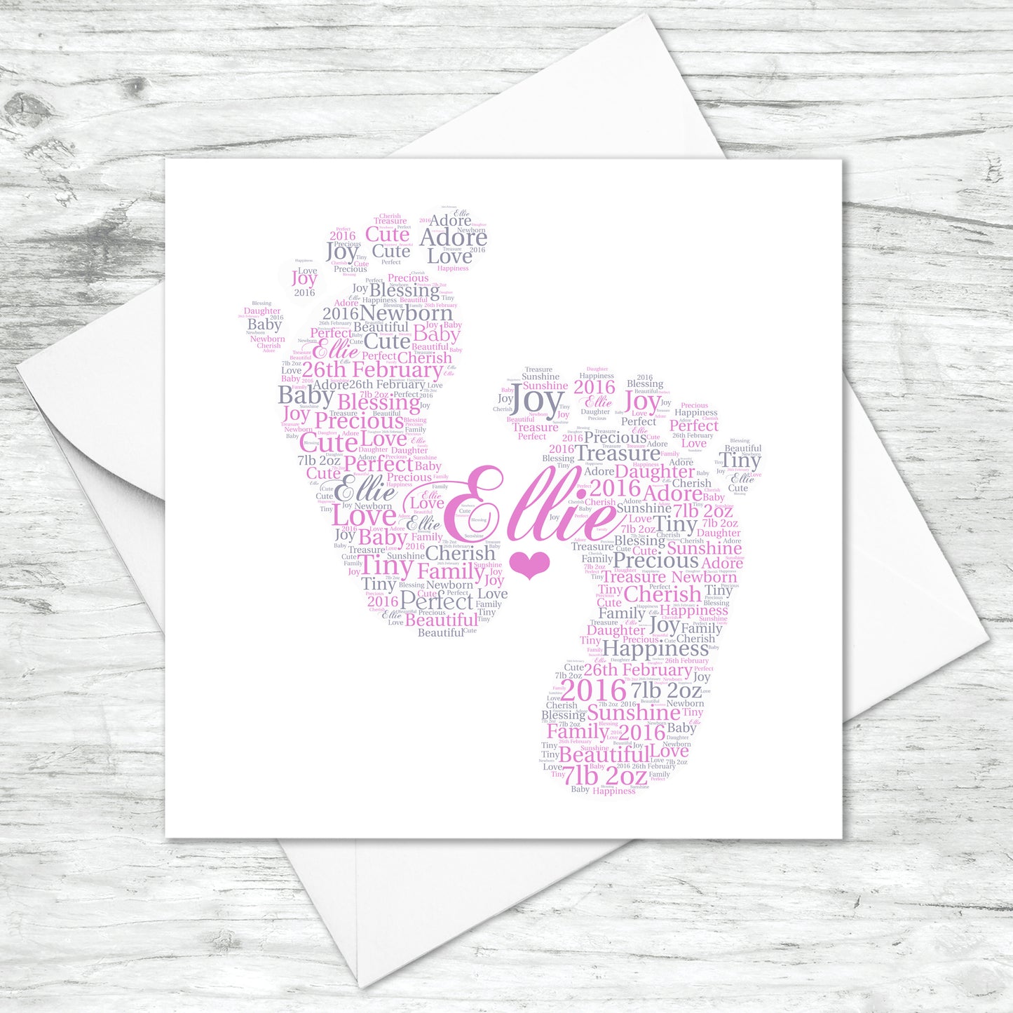 Personalised New Baby Girl Footprints Word Art Card