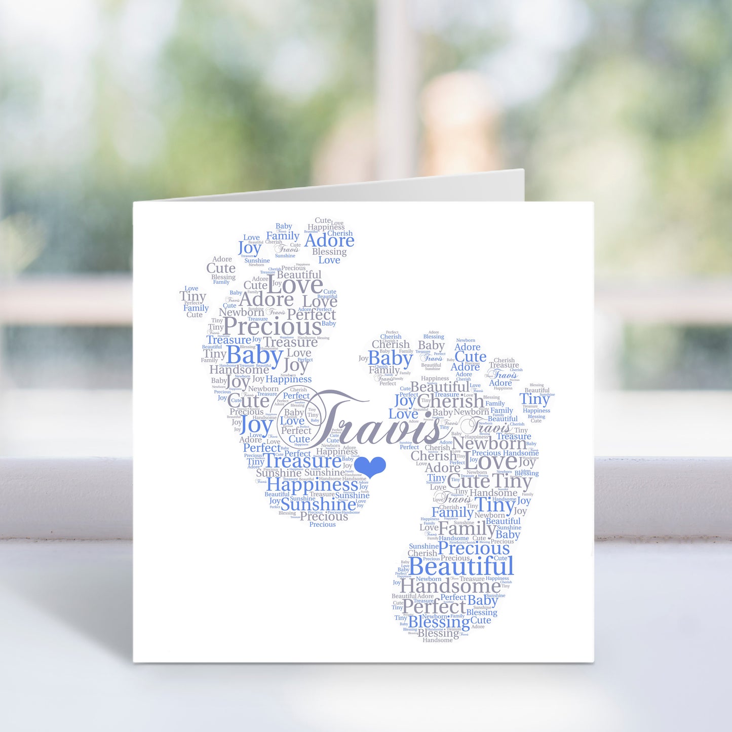 Personalised New Baby Boy Footprints Word Art Card