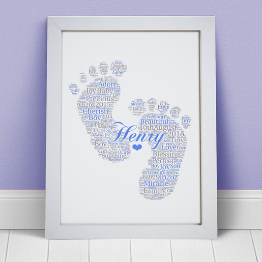 Personalised New Baby Girl Boy Footprints Word Art Print