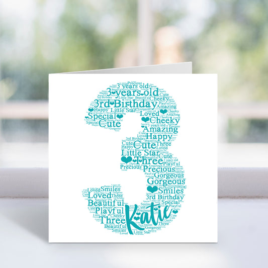 Personalised 3rd Birthday Word Art Card