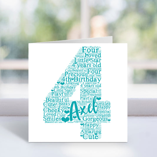 Personalised 4th Birthday Word Art Card