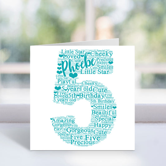 Personalised 5th Birthday Word Art Card