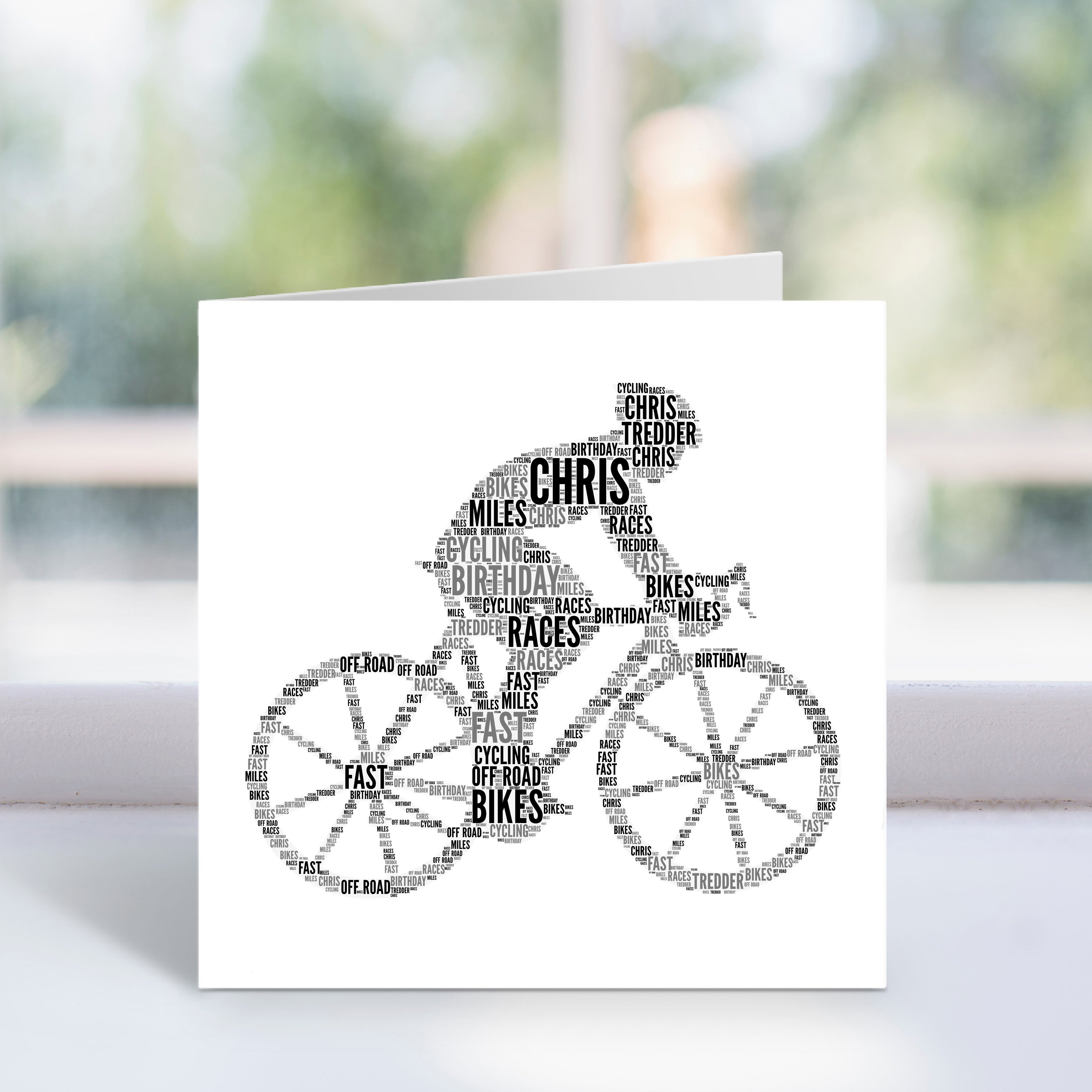 Personalised Male Cyclist Bike Word Art Card – Violet Grace