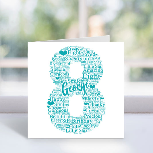 Personalised 8th Birthday Word Art Card