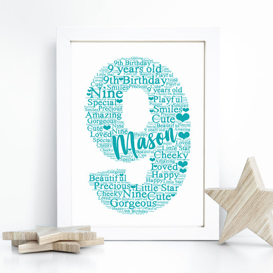 Personalised 9th Birthday Word Art Print