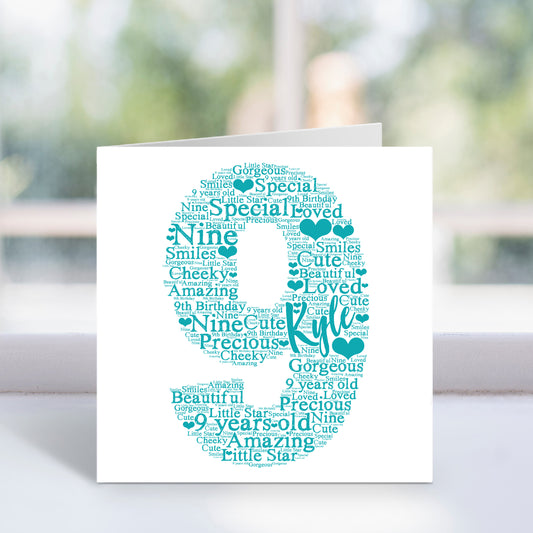 Personalised 9th Birthday Word Art Card