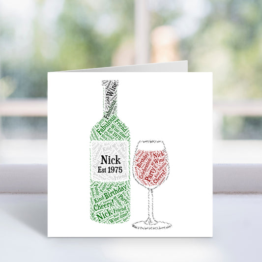 Personalised Wine Lovers Bottle Glass Word Art Card