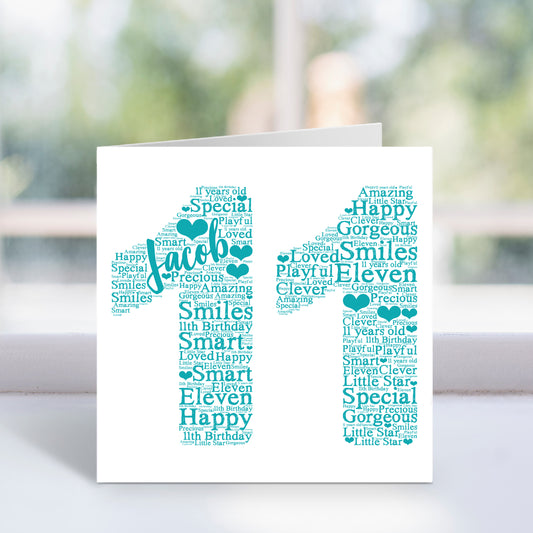 Personalised 11th Birthday Word Art Card