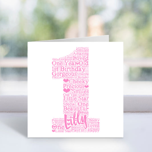 Personalised 1st Birthday Word Art Card