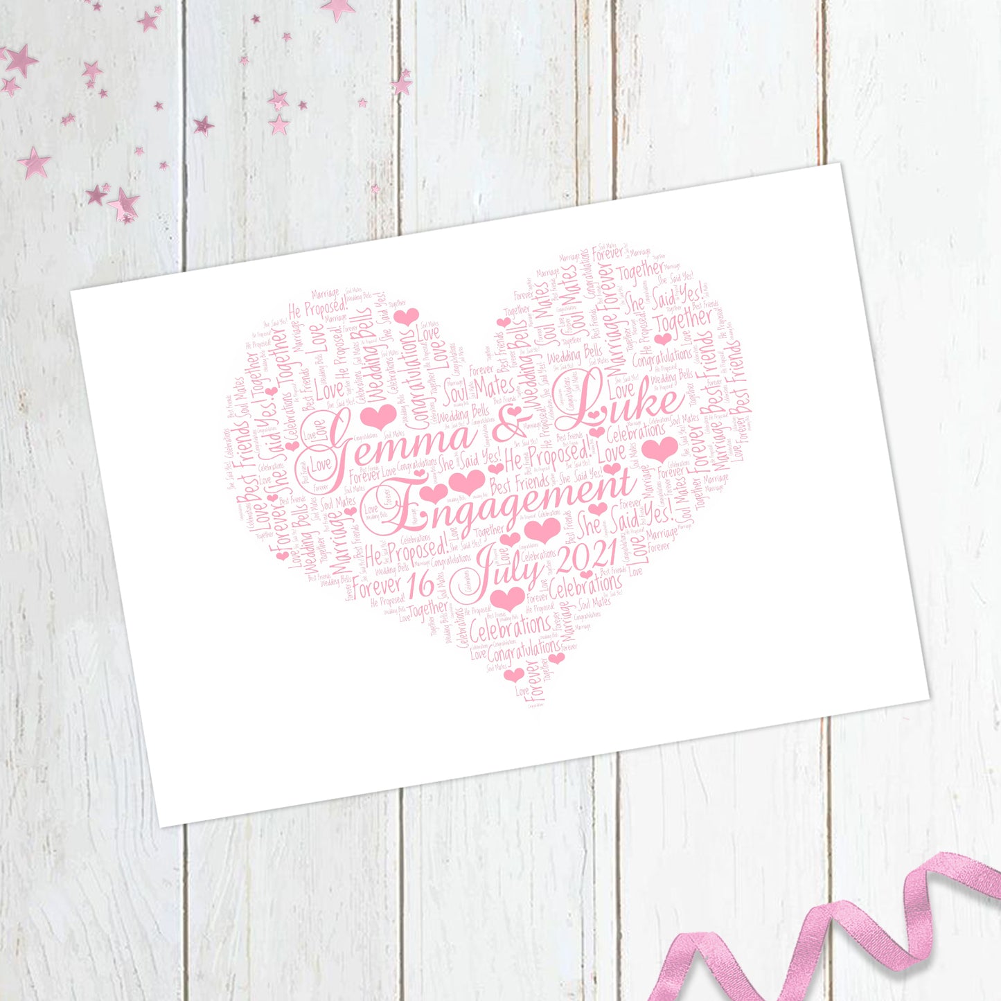 Personalised Engagement Heart Word Art Print