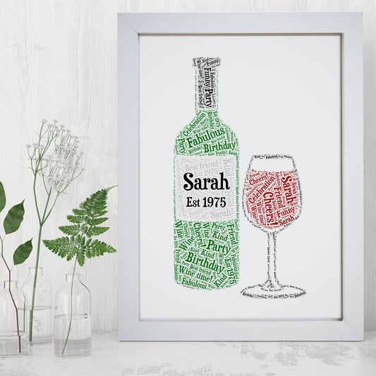 Personalised Wine Lovers Bottle Glass Typography Word Art Gift, Print & Framed