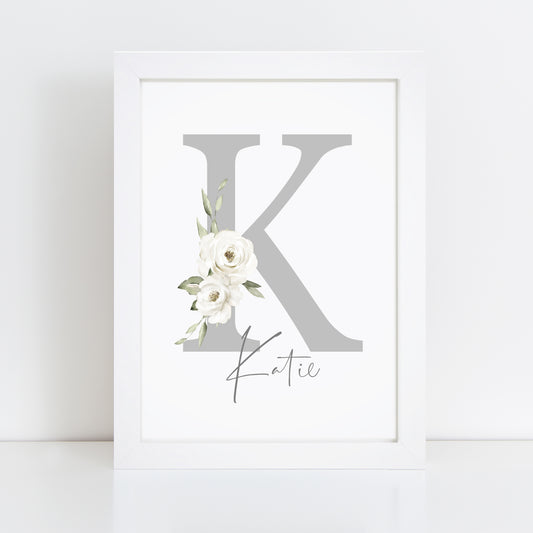 Personalised Grey Floral Initial Print