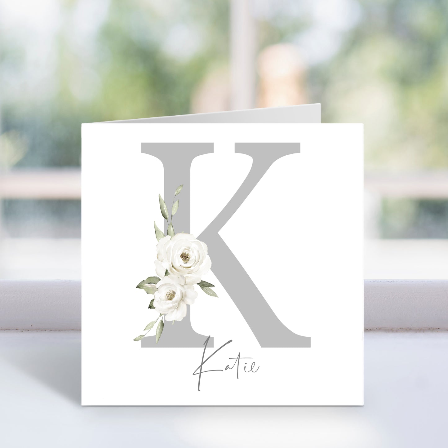 Personalised Grey Floral Initial Card
