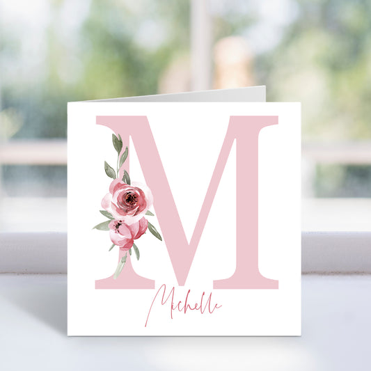Personalised Pink Floral Initial Card